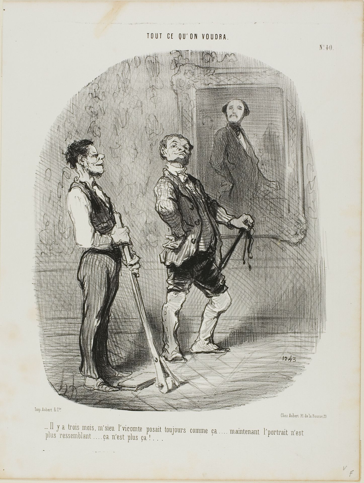 “- Three months ago, the Count sat model like that.... nowadays there is no more similarity..... everything seems to be wrong,” plate 40 from Tout Ce Qu'on Voudra by Honoré Daumier