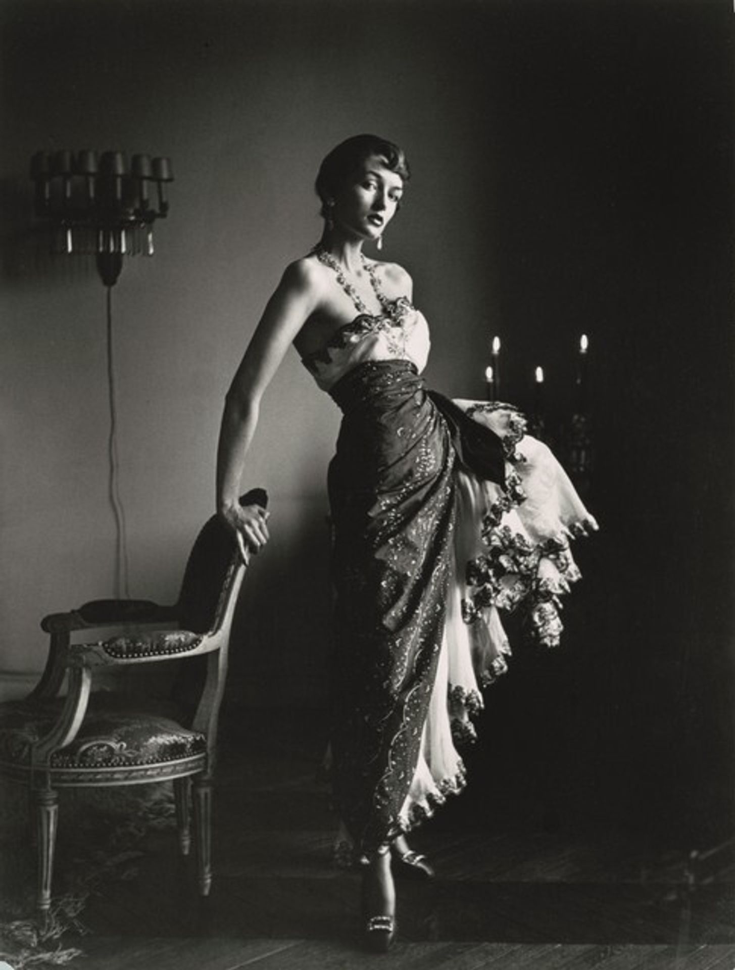 Countess Maxime de la Falaise in Schiaparelli gown, Paris by Gordon Parks