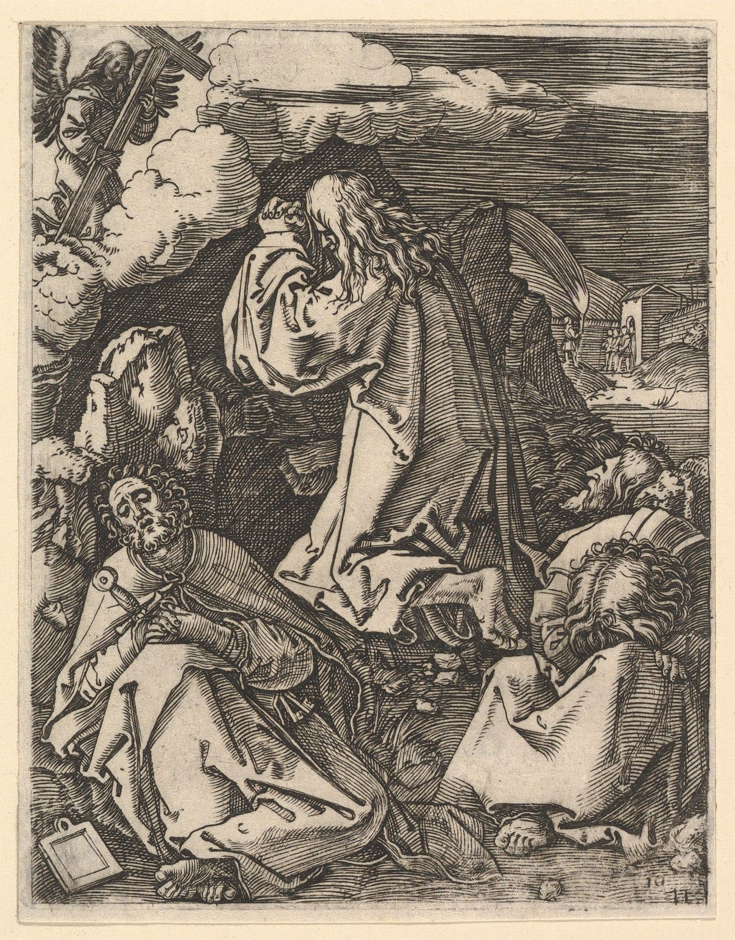 Christ praying on Mount of Olives; Roman soldiers entering through garden gate in far background, after Dürer by Marcantonio Raimondi