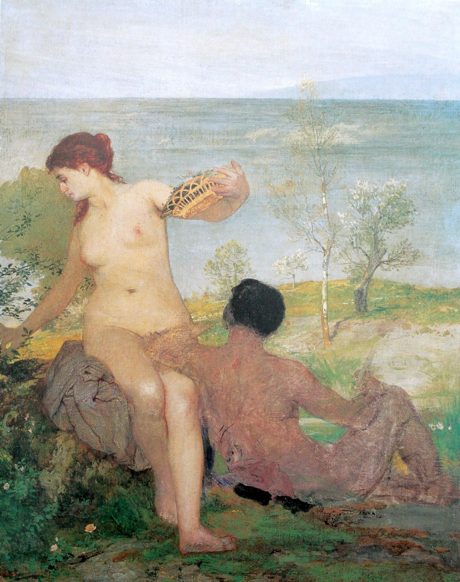 Girl and boy picking flowers by Arnold Böcklin