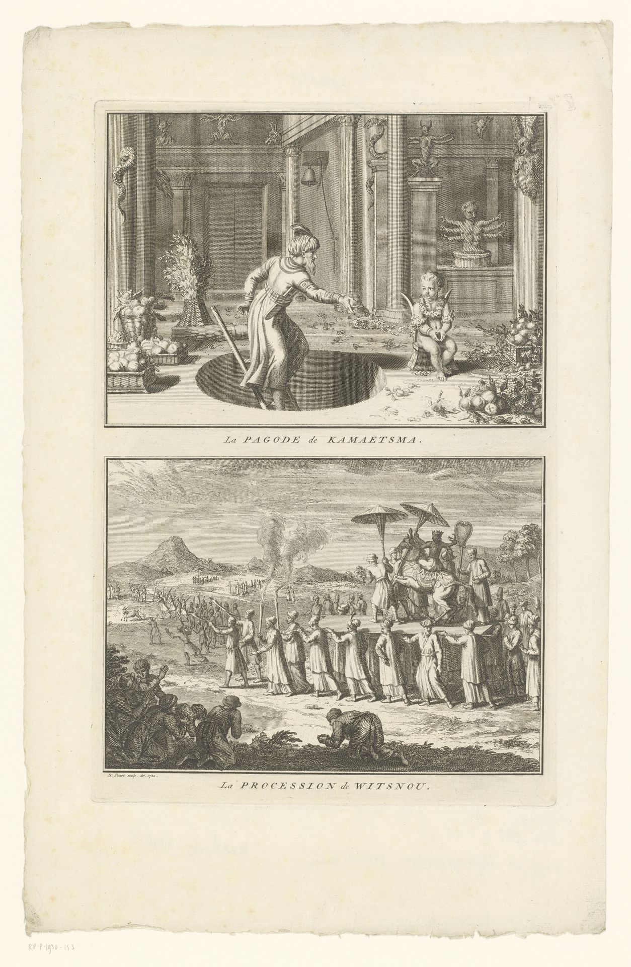 Interieur van een Indiase tempel en processie voor de god Vishnoe by Bernard Picart