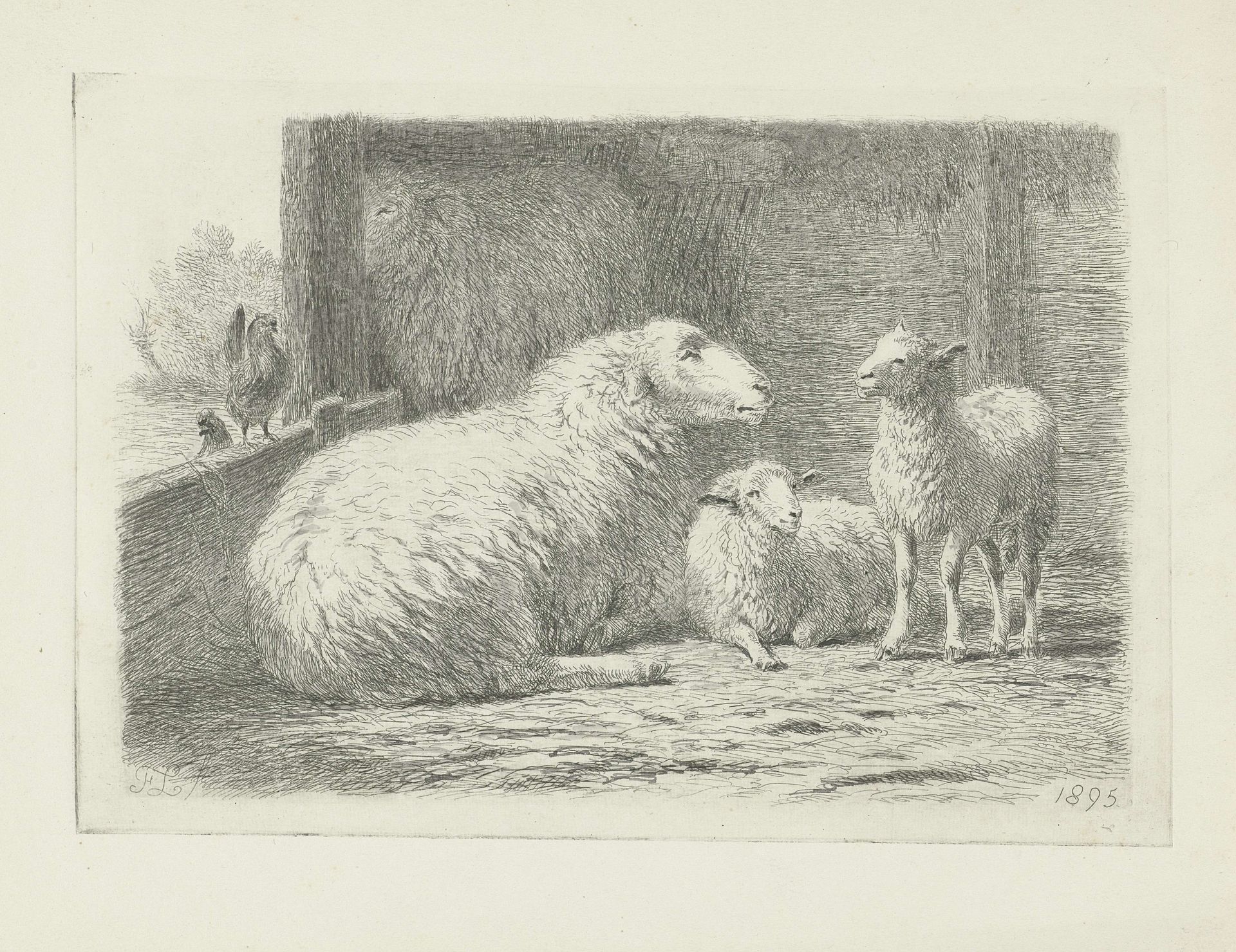 Schaap en twee lammeren in een schuur by Frans Lebret