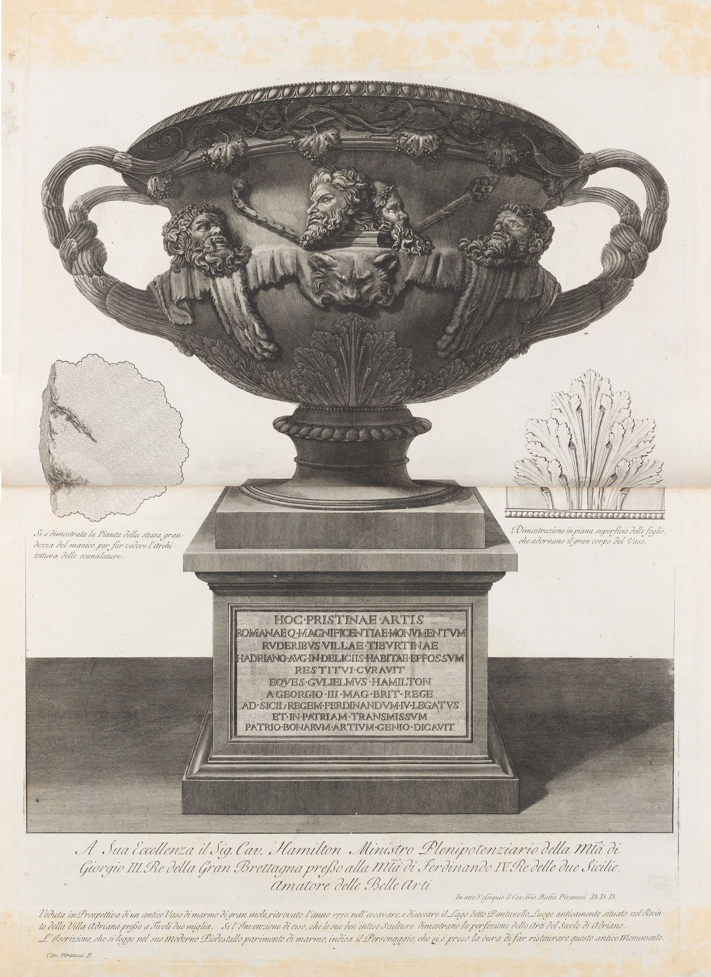 Large vase found at the Pantanello, Hadrian's Villa, Tivoli, in 1770 (The "Warwick Vase," from Vasi, candelabri, cippi, sarcofagi, tripodi, lucerne, ed ornamenti antichi disegnati ed incisi dal Cav. Gio. Batt. Piranesi, Vol. I (Vases, candelabra, grave stones, sarcophagi, tripods, lamps, and ornaments designed and etched by Cavalieri Giovanni Battista Piranesi) by Giovanni Battista Piranesi