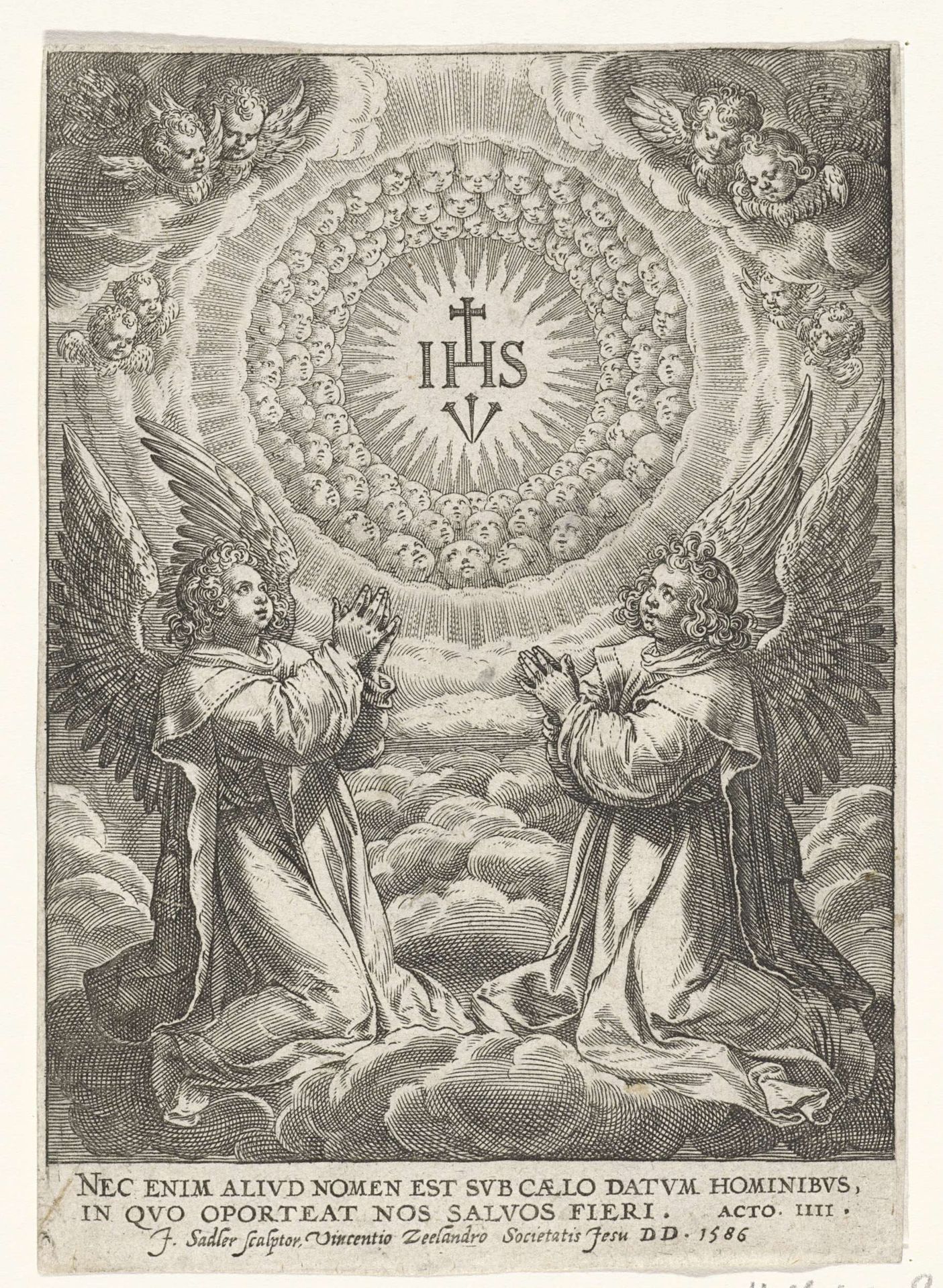 Engelen aanbidden het monogram van Christus by Johann Sadeler I
