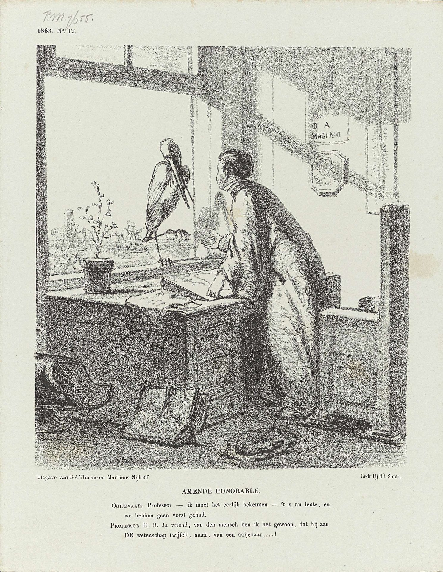 Spotprent met een ooievaar en Buys Ballot, 1863 by Johan Michaël Schmidt Crans