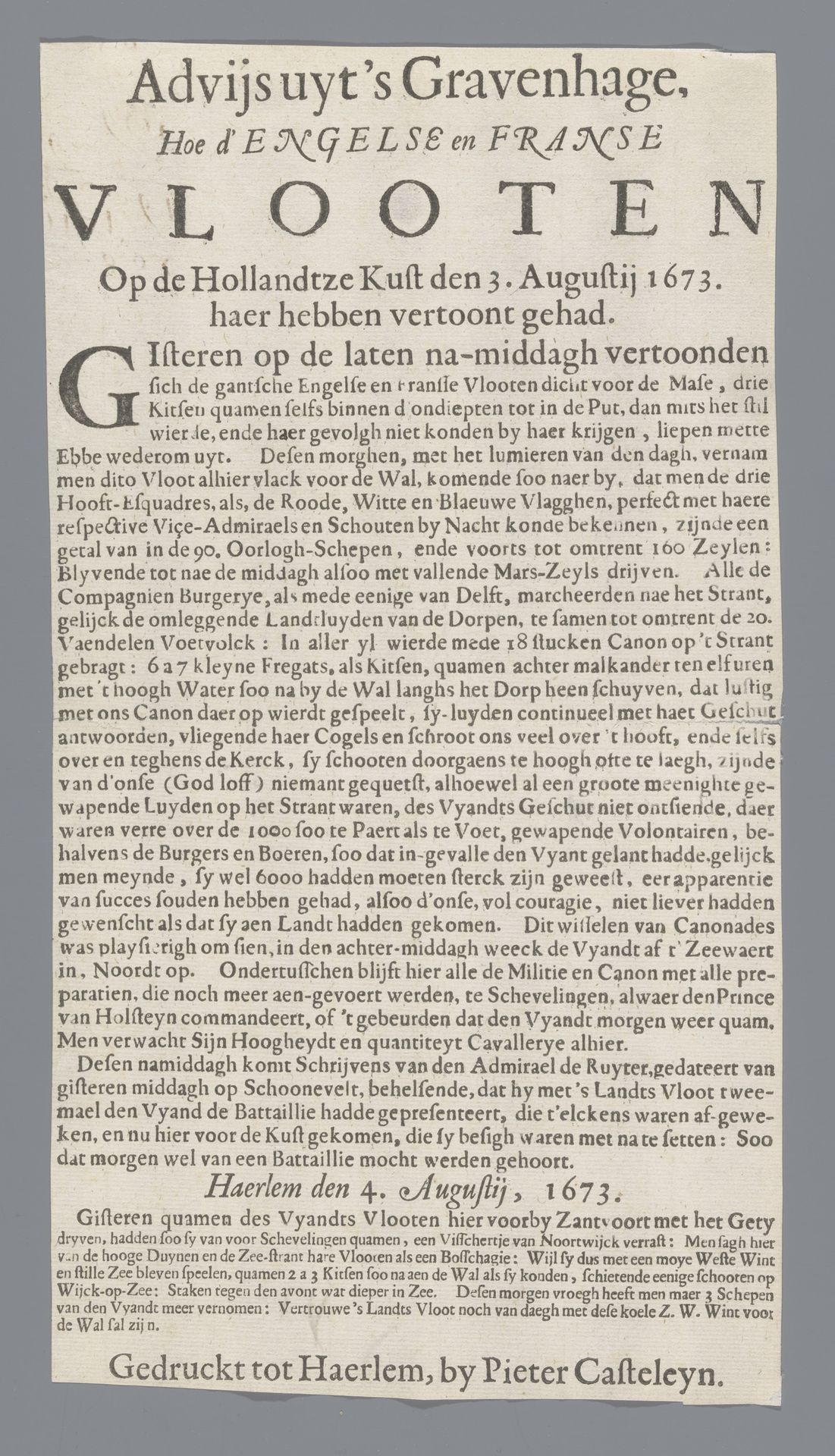 Advijs uyt 'sGravenhage, Hoe d'engelse en Franse vlooten op de Hollandtze Kust den 3.Augustij 1673 haer hebben vertoont gehad by Pieter Casteleyn