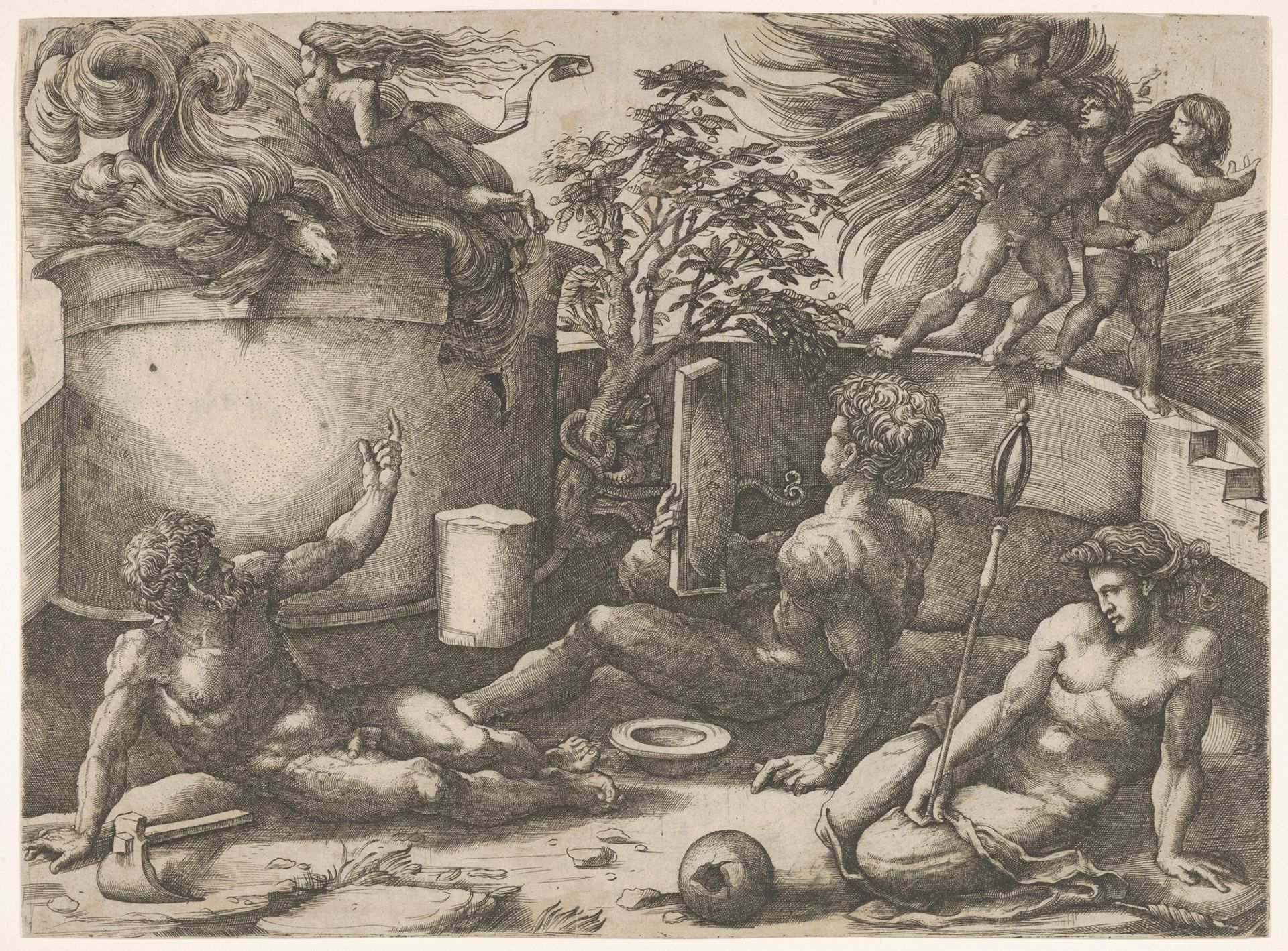 Cain holding a mirror watching his sacrifice engulfed in flames, Adam and Eve seated nearby; in the upper right an angel expelling them from Paradise by Antonio Veneziano
