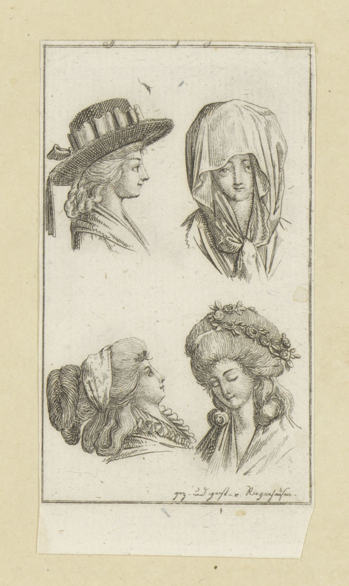 Vier opgetooide hoofden van dames by Ernst Ludwig Riepenhausen