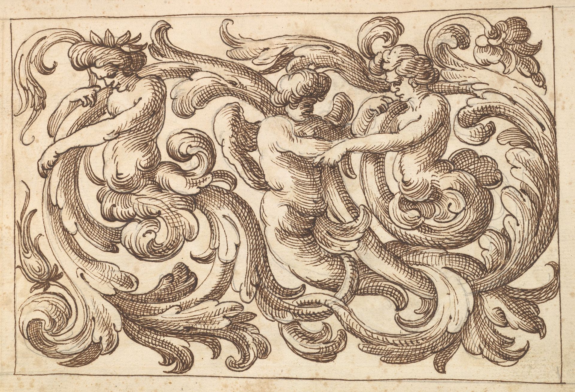 Horizontal Panel Design with Three Young Male Figures Interspersed between Acanthus Rinceaux by Anonymous