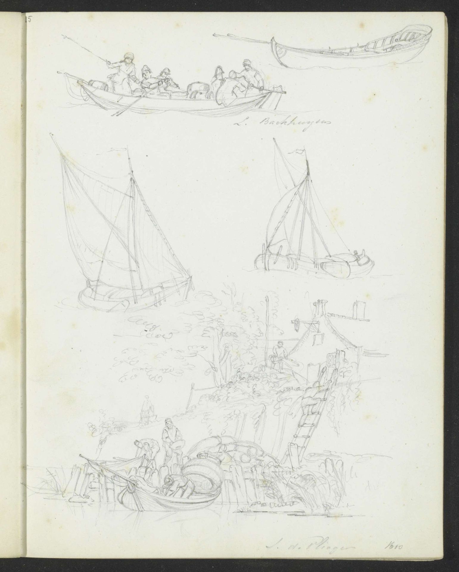 Studieblad, onder andere met figuren in een roeiboot en bij een kade by Hendrik Abraham Klinkhamer