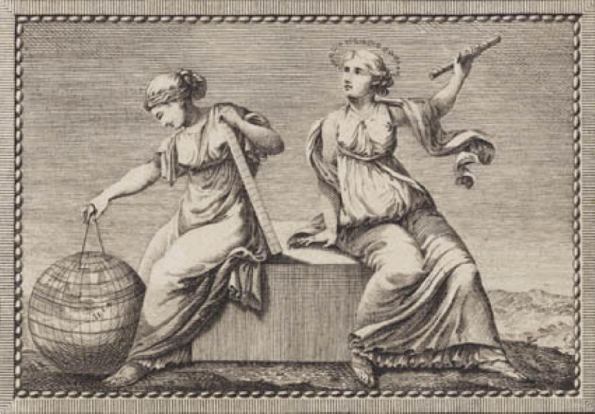 Urania og Gæa sidder på en firkantet stenblok by J.F. Clemens