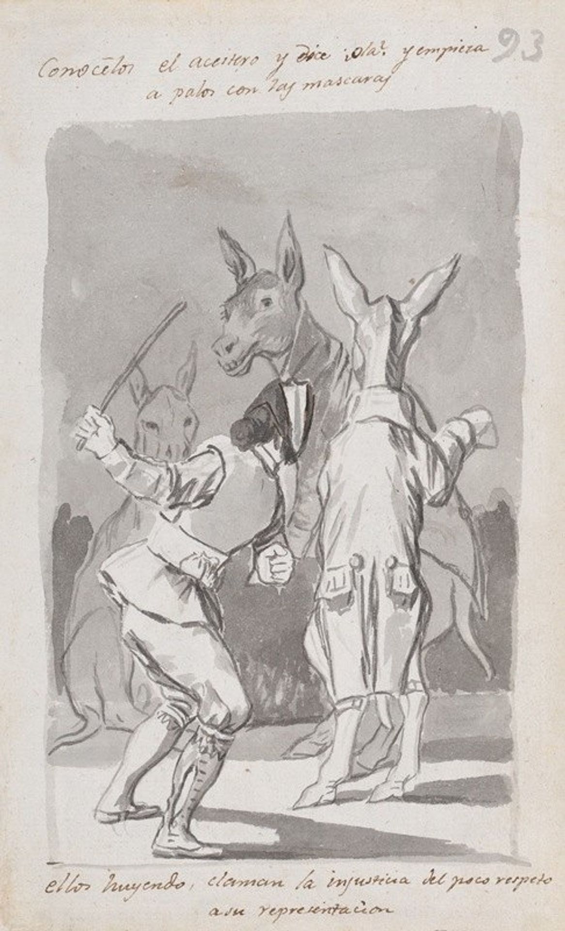 Masquerading asses being whipped by a man by Francisco de Goya