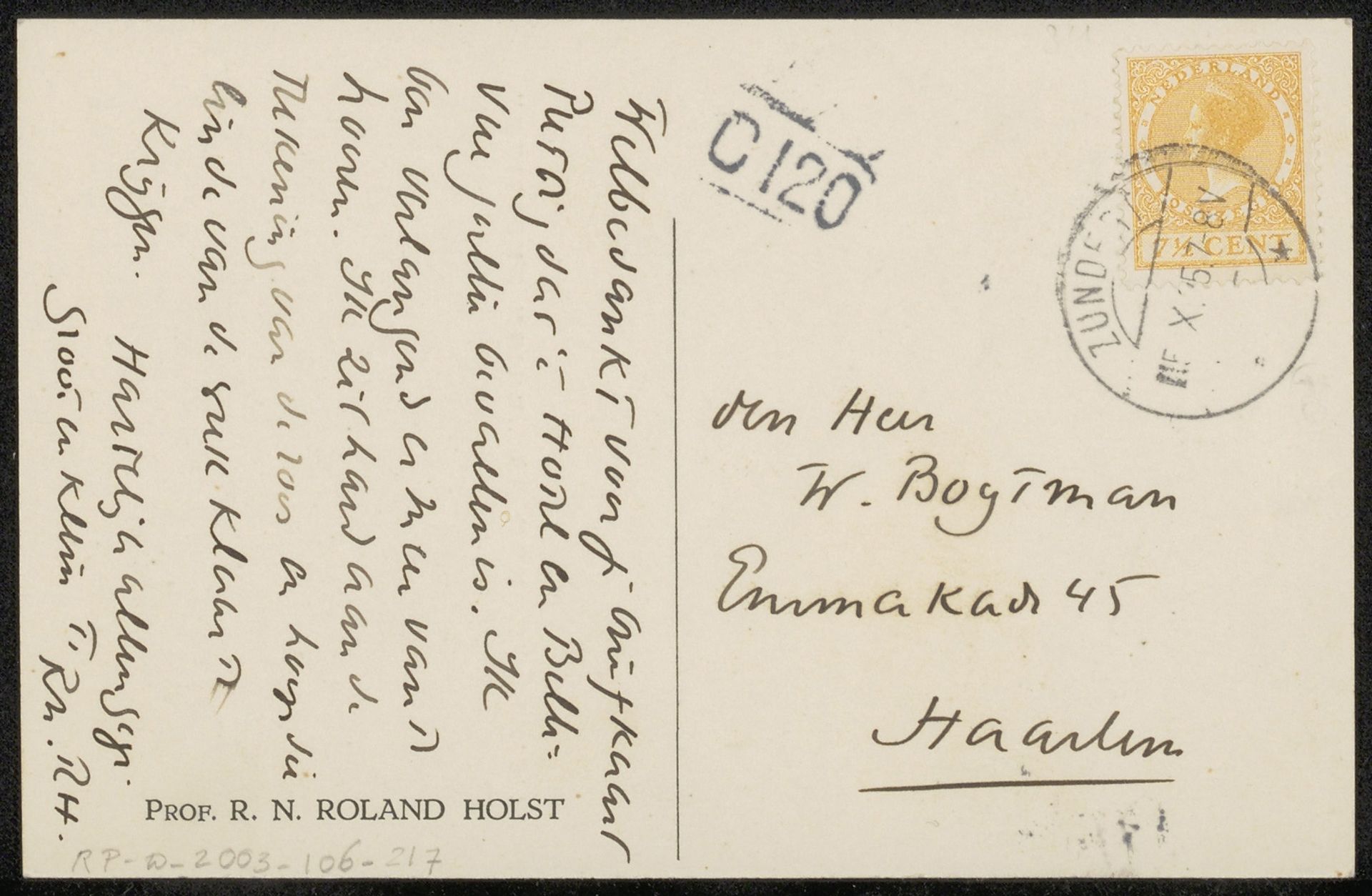 Prentbriefkaart aan Willem Bogtman by Richard Nicolaüs Roland Holst