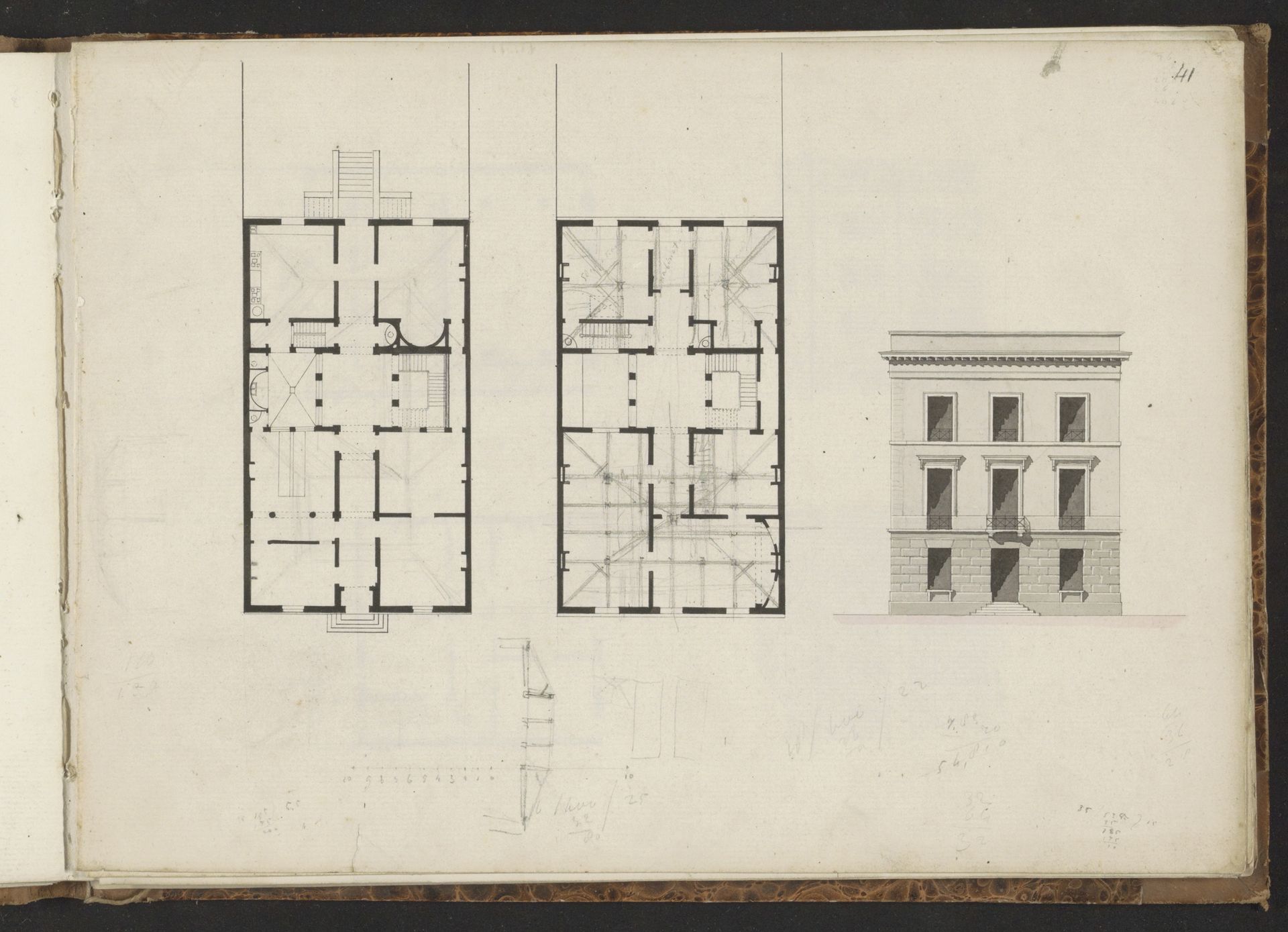 Plattegronden en de voorgevel van een gebouw by Willem Springer jr.