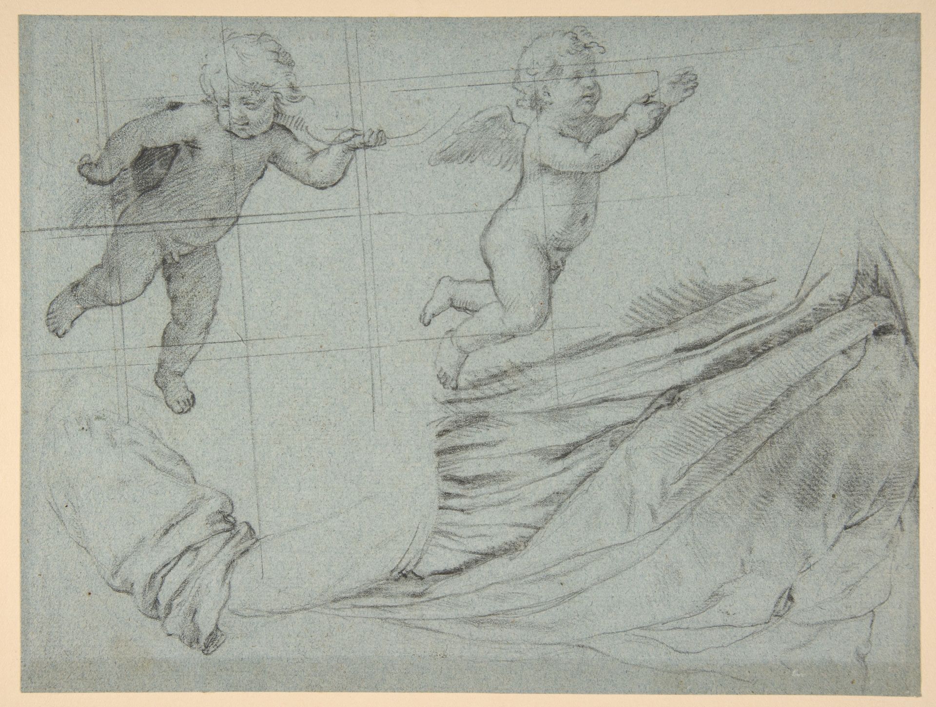 Studies of Two Flying Putti and of Drapery (recto); Seated Virgin and Child, and Kneeling Child (verso) by Sassoferrato (Giovanni Battista Salvi)