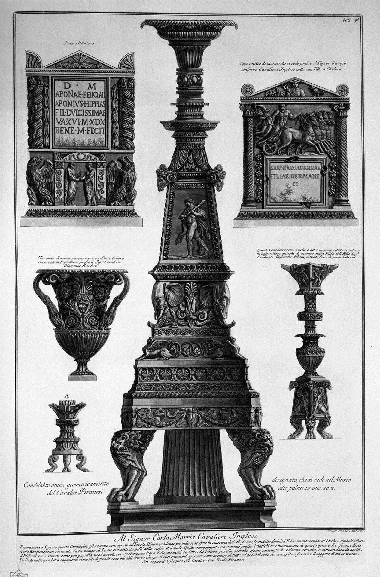 Three candlesticks, a vase and two stones by Giovanni Battista Piranesi
