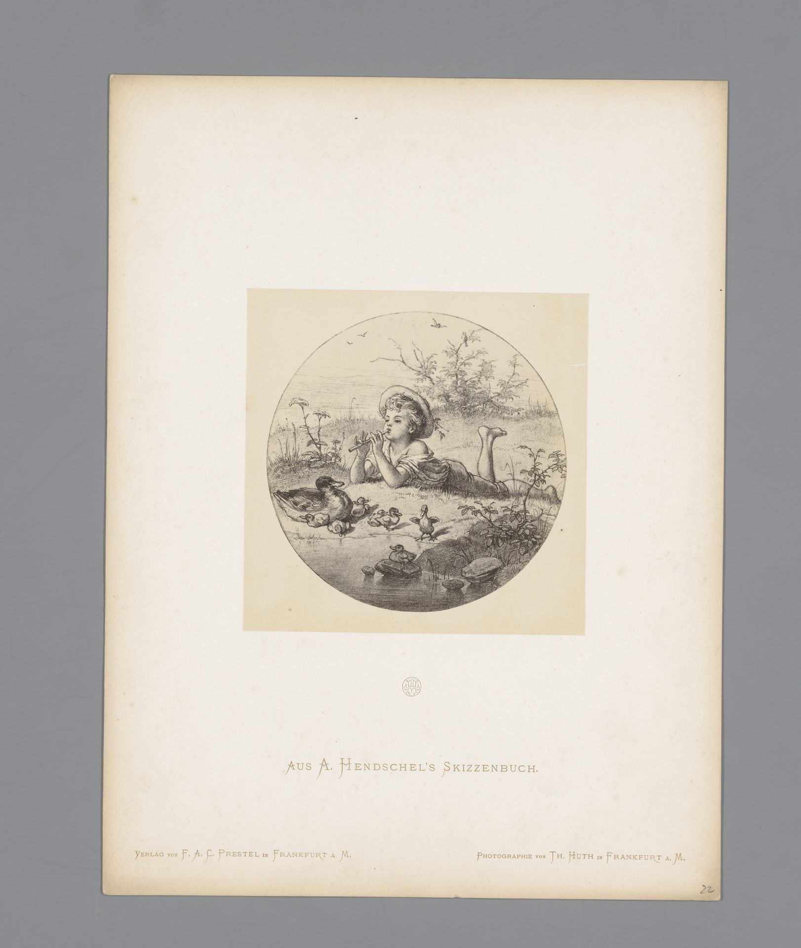 Fotoreproductie van een liggend kind dat op een fluit speelt door Albert Hendschel by Theodor Huth