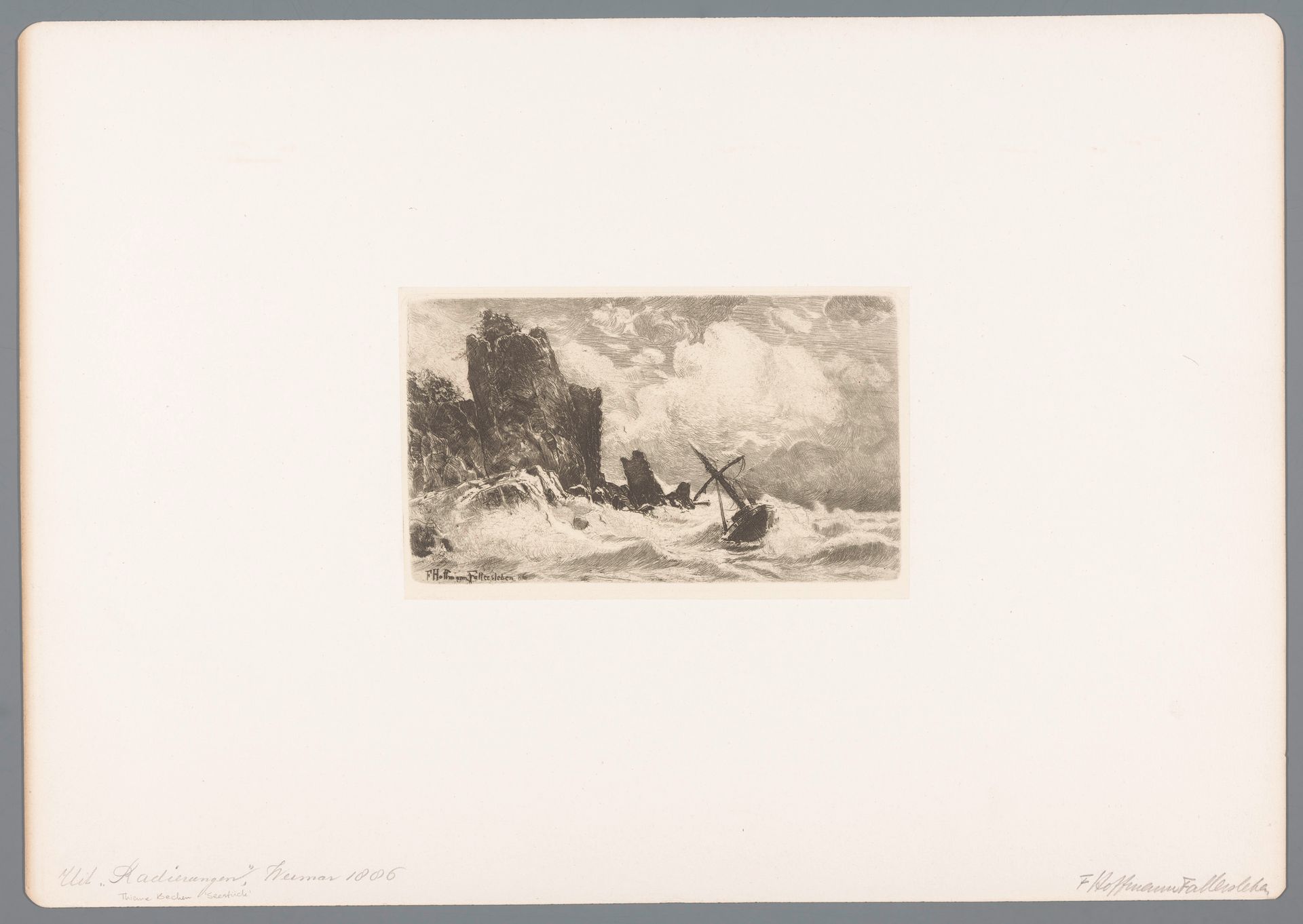 Stormachtige kust met zeilboot by Franz Hoffmann-Fallersleben