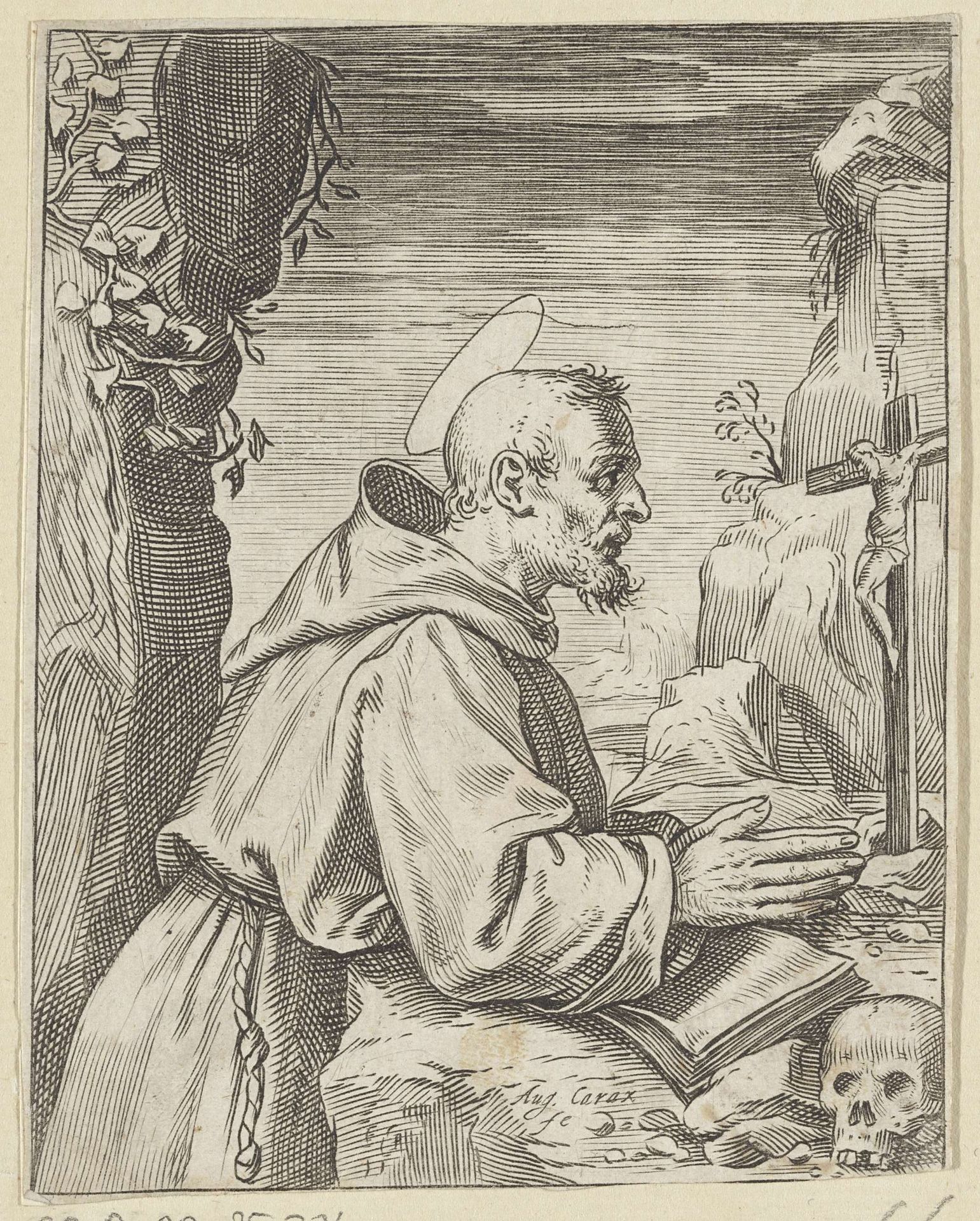 De heilige Franciscus aanbidt crucifix by Agostino Carracci
