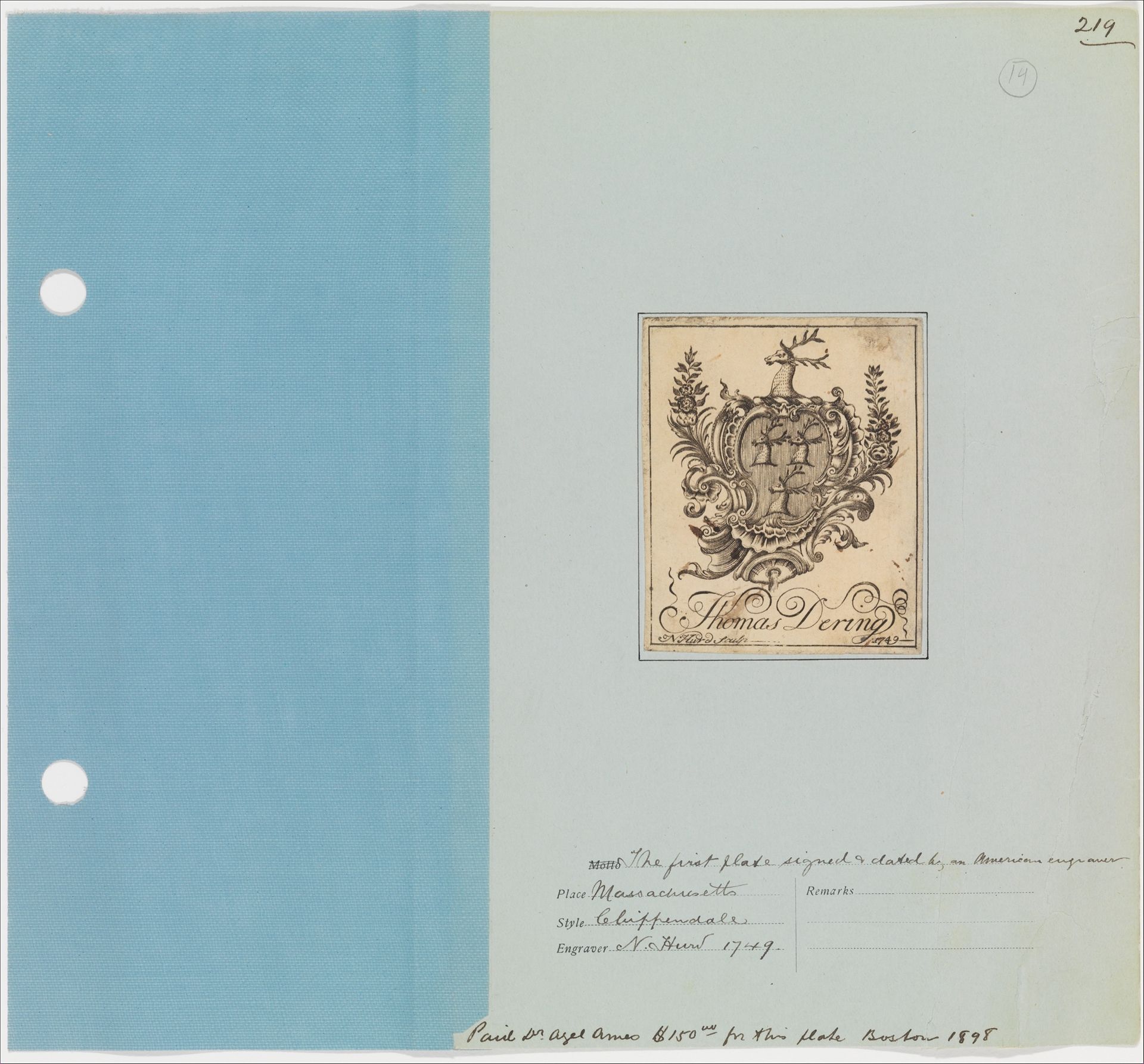 Bookplate of Thomas Dering by Nathaniel Hurd
