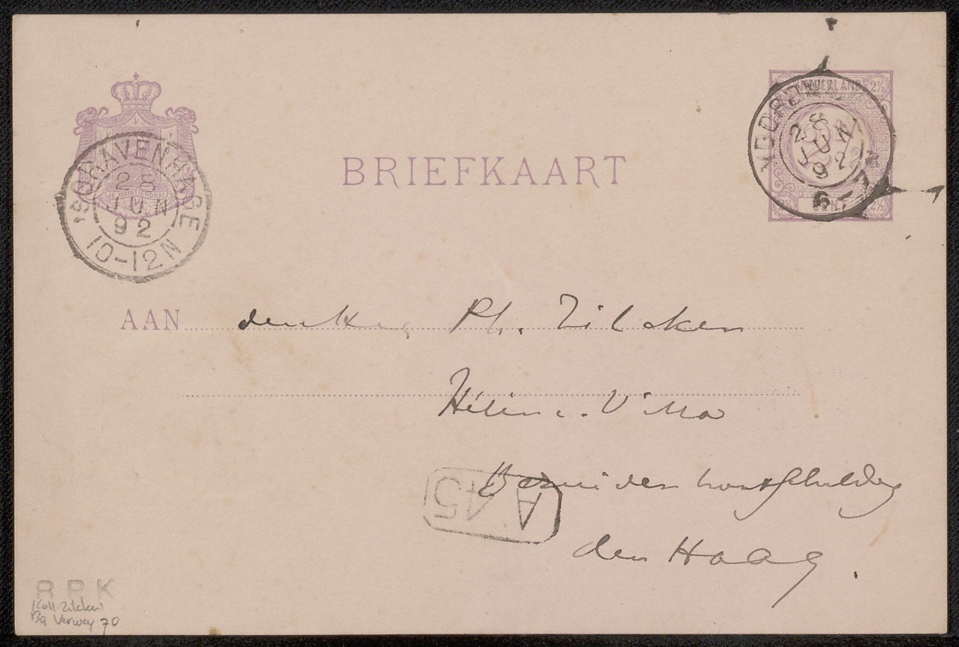 Briefkaart aan Philip Zilcken by Albert Verwey