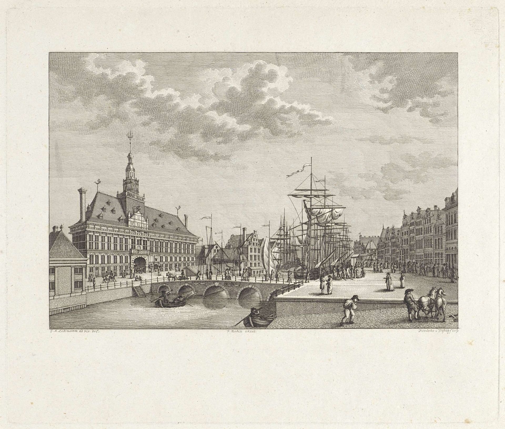 Gezicht op de stad en haven van Emden by Reinier Vinkeles