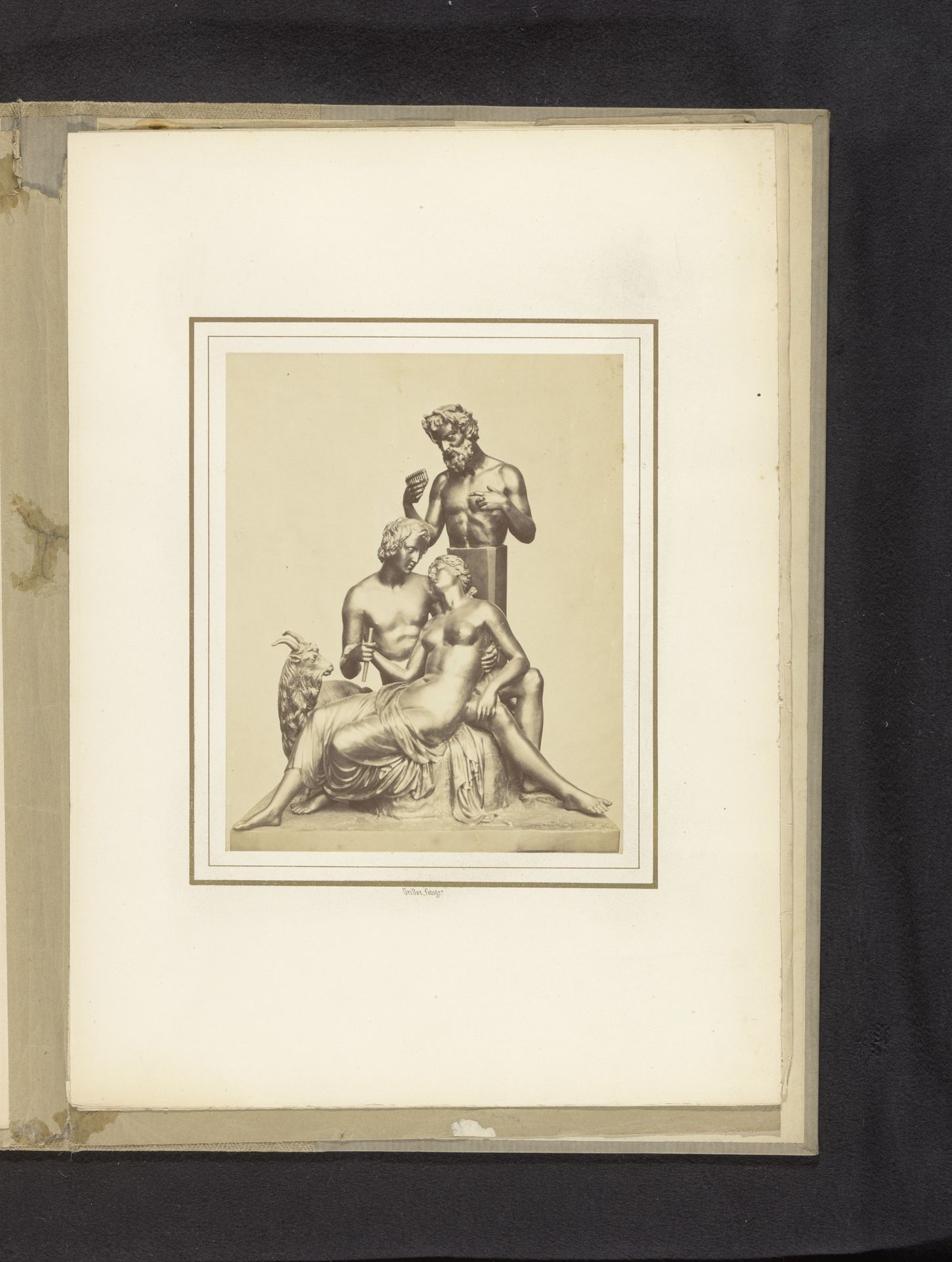 Sculptuur van een man met een vrouw in zijn schoot, een buste van een sater en een geit, door Leopold Borbone by Grillet jeune