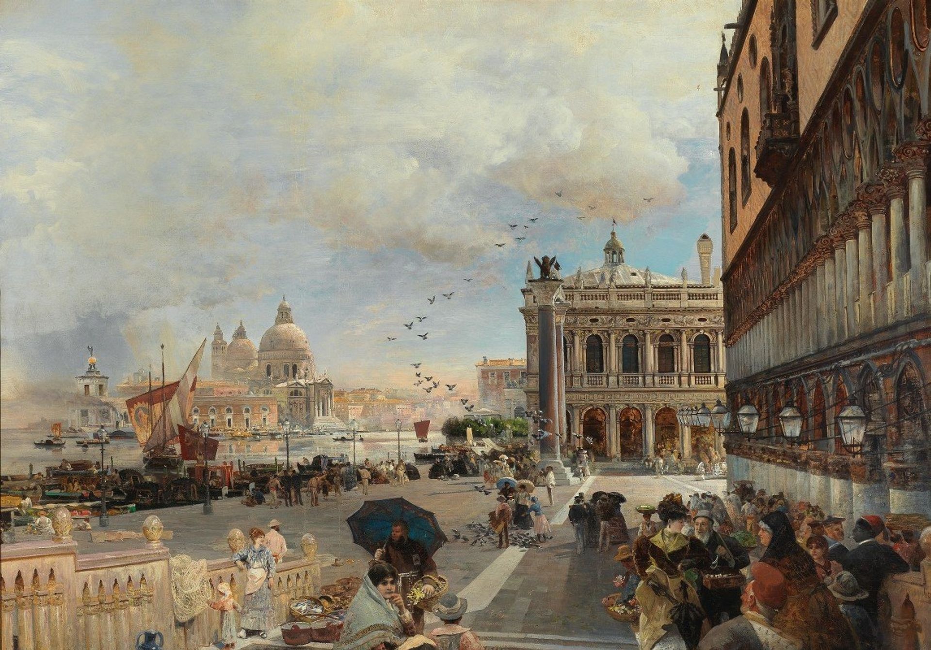 Venice, A View Of The Piazzetta, With The Biblioteca Marciana, Santa Maria Della Salute And The Dogana by Oswald Achenbach