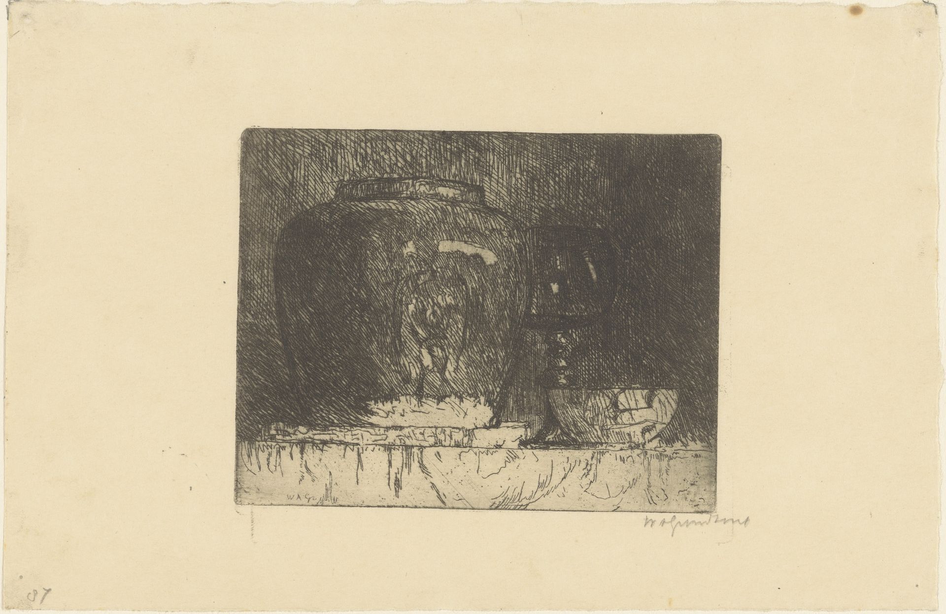 Stilleven met gemberpot, wijnglas en kom by Willem Adrianus Grondhout