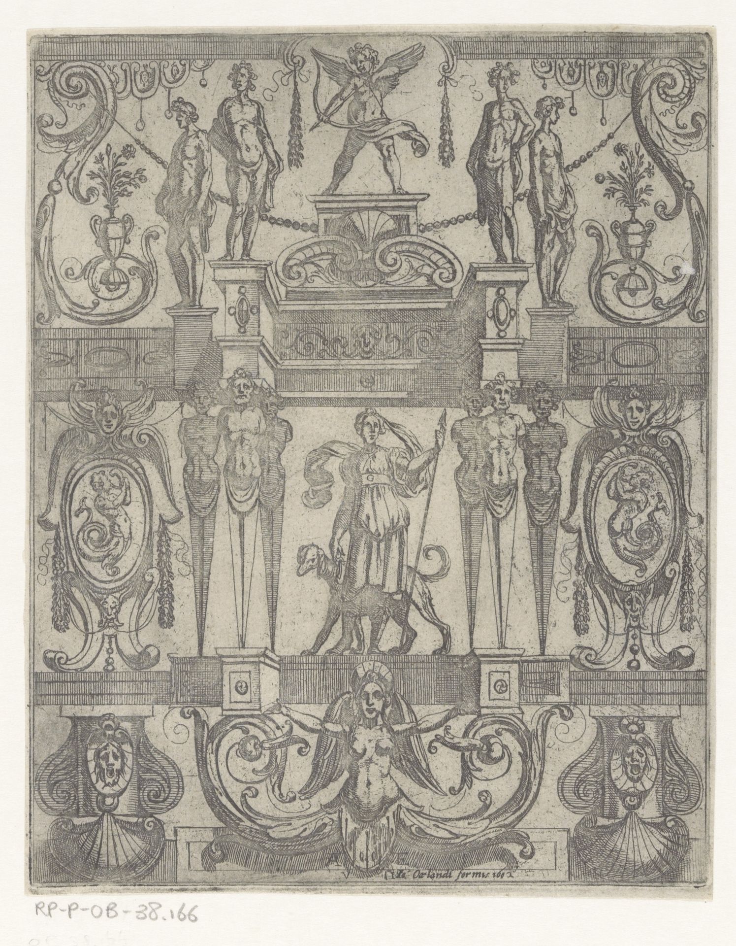 Grotesk ornament met de godin Diana in het midden by Antonio Tempesta