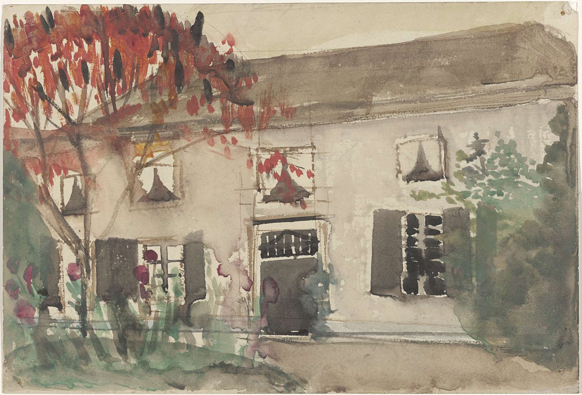 Huis met voortuin en rode boom by Carel Adolph Lion Cachet