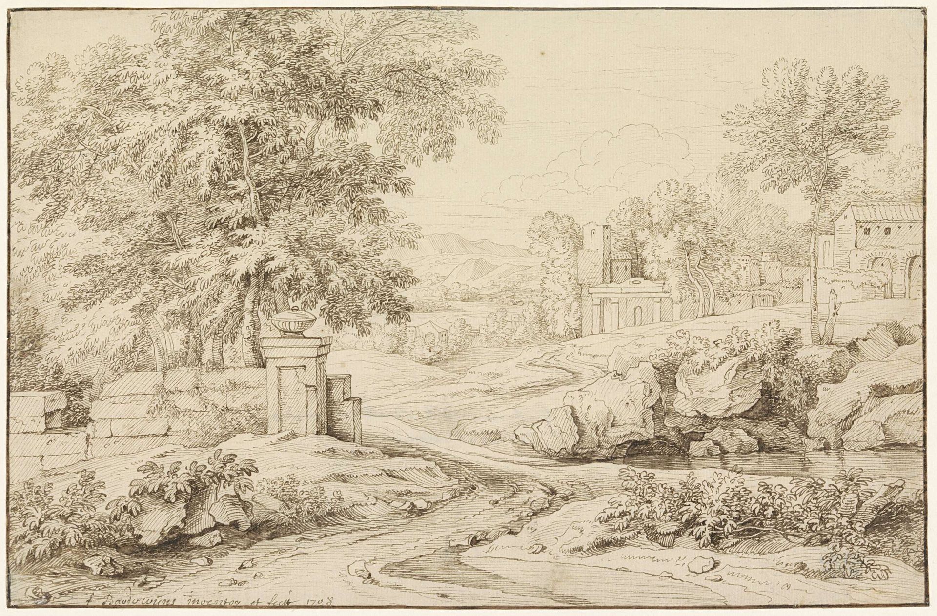 Landschap met ruïnes, links een vervallen muur by Frans Boudewijns
