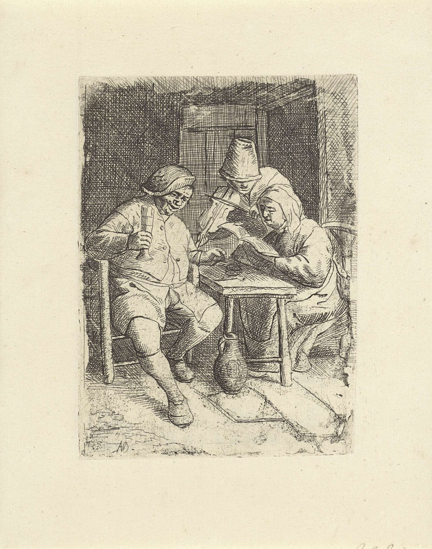 Zingende vrouw en een violist bij een drinker by Jacob Laurensz. van der Vinne