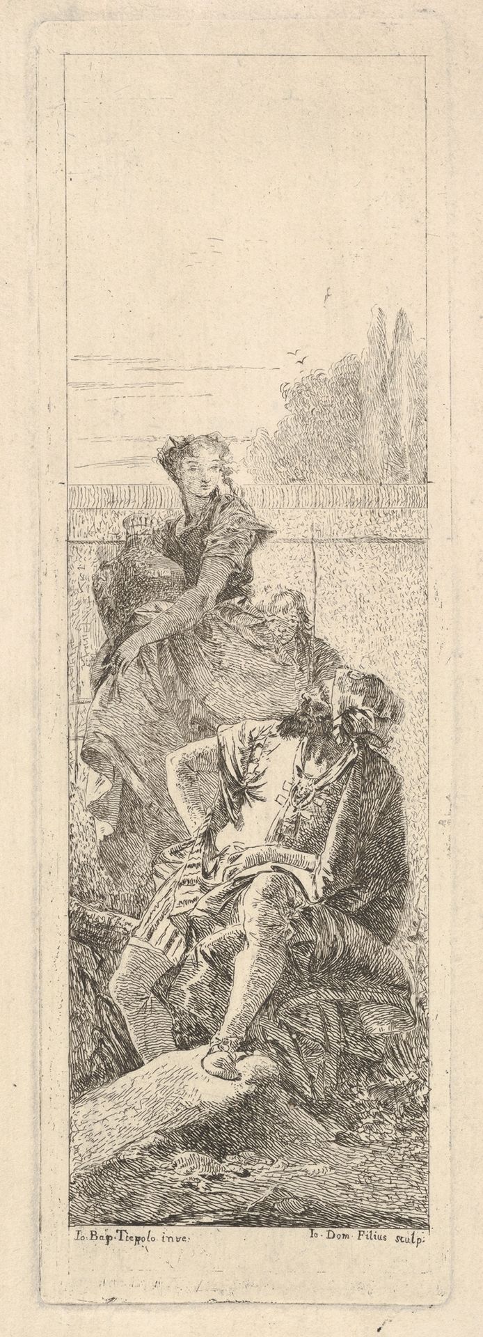 A bearded, seated man looks over his right shoulder toward a child and woman bearing a vessel, possibly a variation on a theme of Armida and Adraste from 'Jerusalem delivered' (Gerusalemme liberata) by Giovanni Domenico Tiepolo
