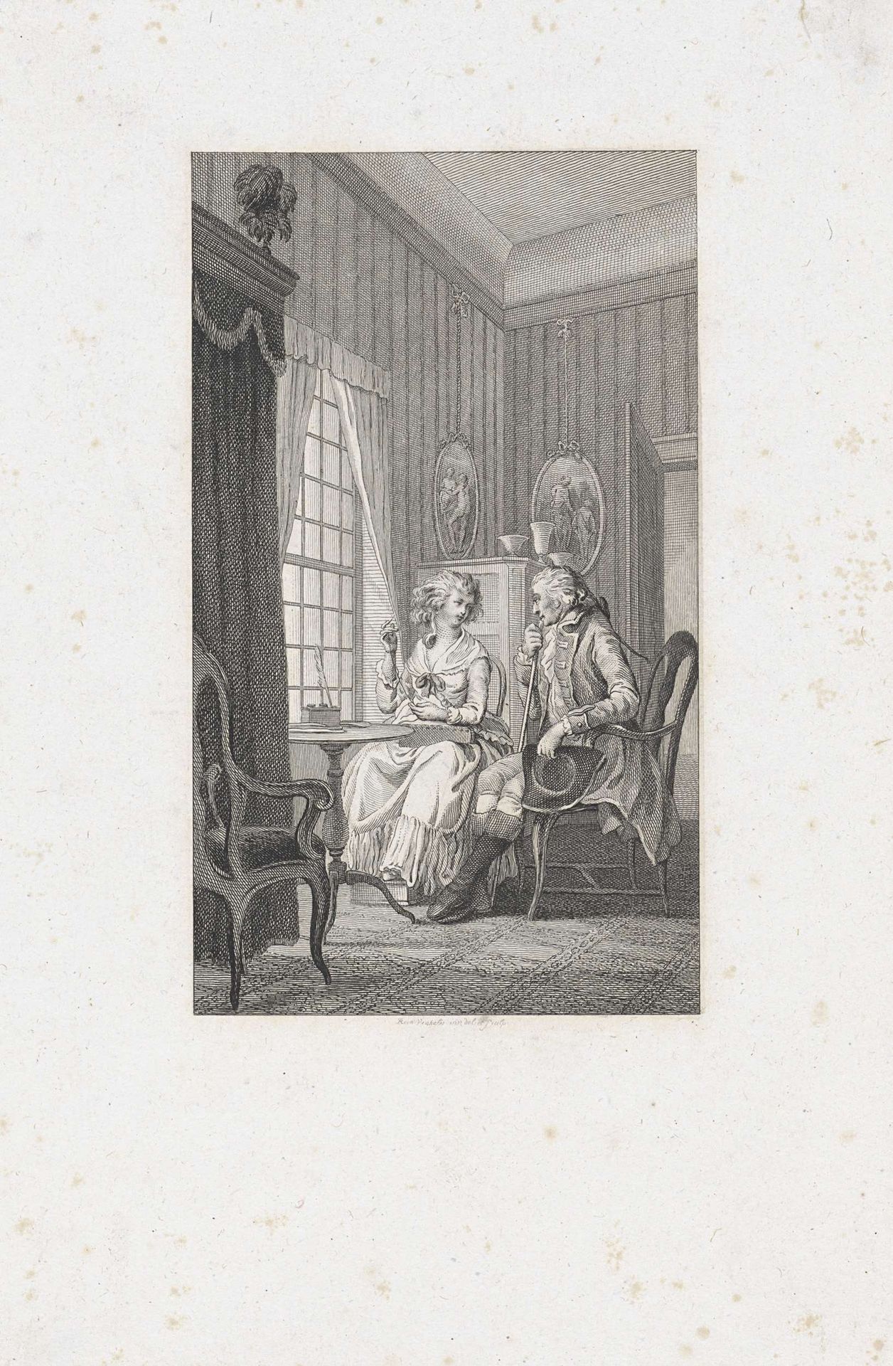 Handwerk verrichtende vrouw in gesprek met een man by Reinier Vinkeles