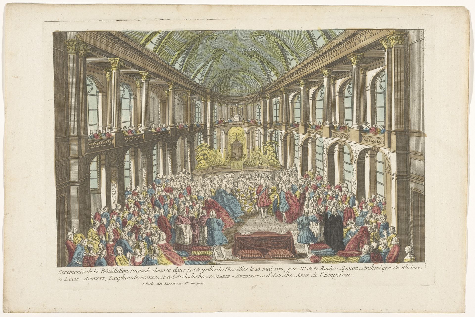 Gezicht op het huwelijk tussen Lodewijk XVI, koning van Frankrijk, en Marie Antoinette, koningin van Frankrijk, in de kapel van het Paleis van Versailles op 16 mei 1770 by Basset