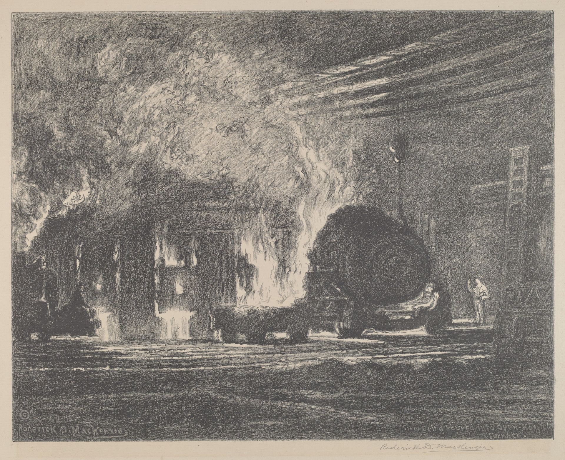 Steel Being Poured Into Open Hearth Furnace by Roderick D. MacKenzie