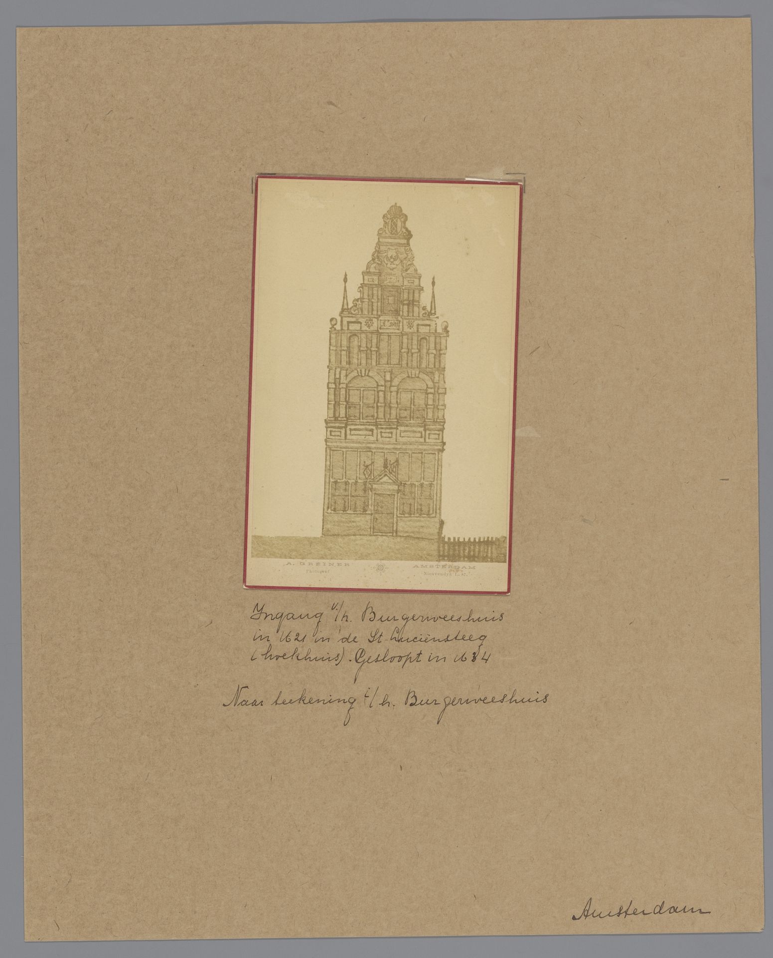 Fotoreproductie van een tekening van de voorgevel van het Burgerweeshuis te Amsterdam by Albert Greiner