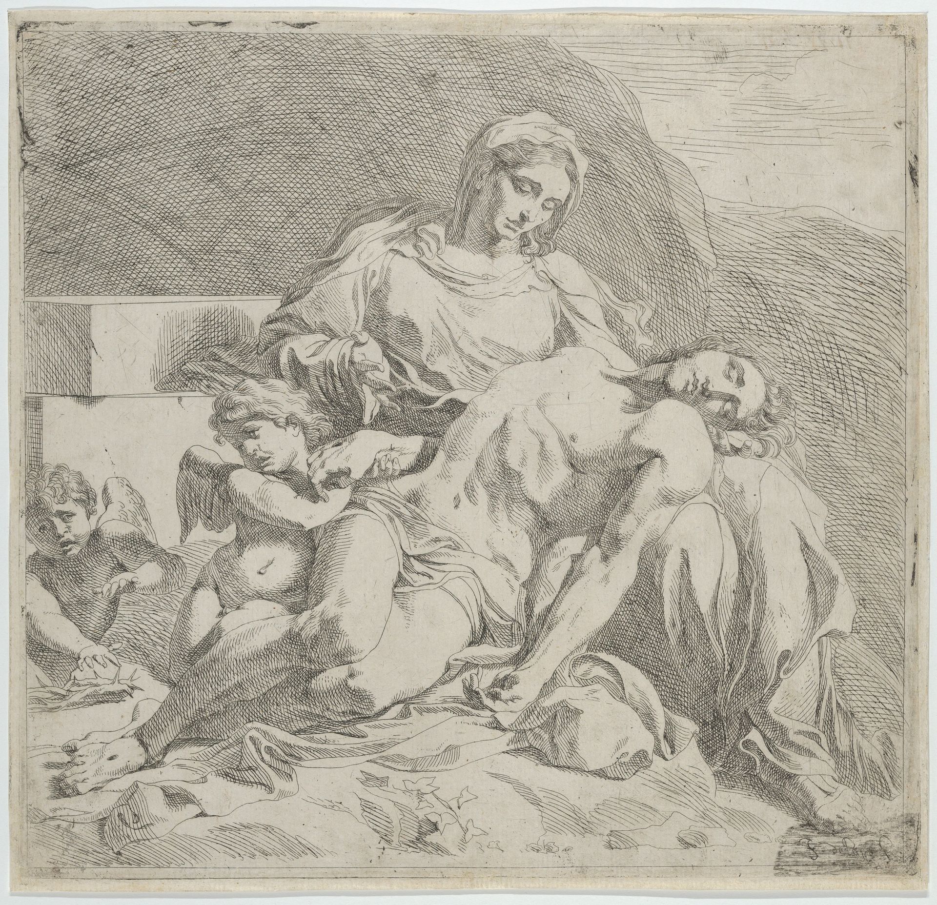 Pietà, the dead Christ supported by the Virgin, putti at the left by Joost de Pape