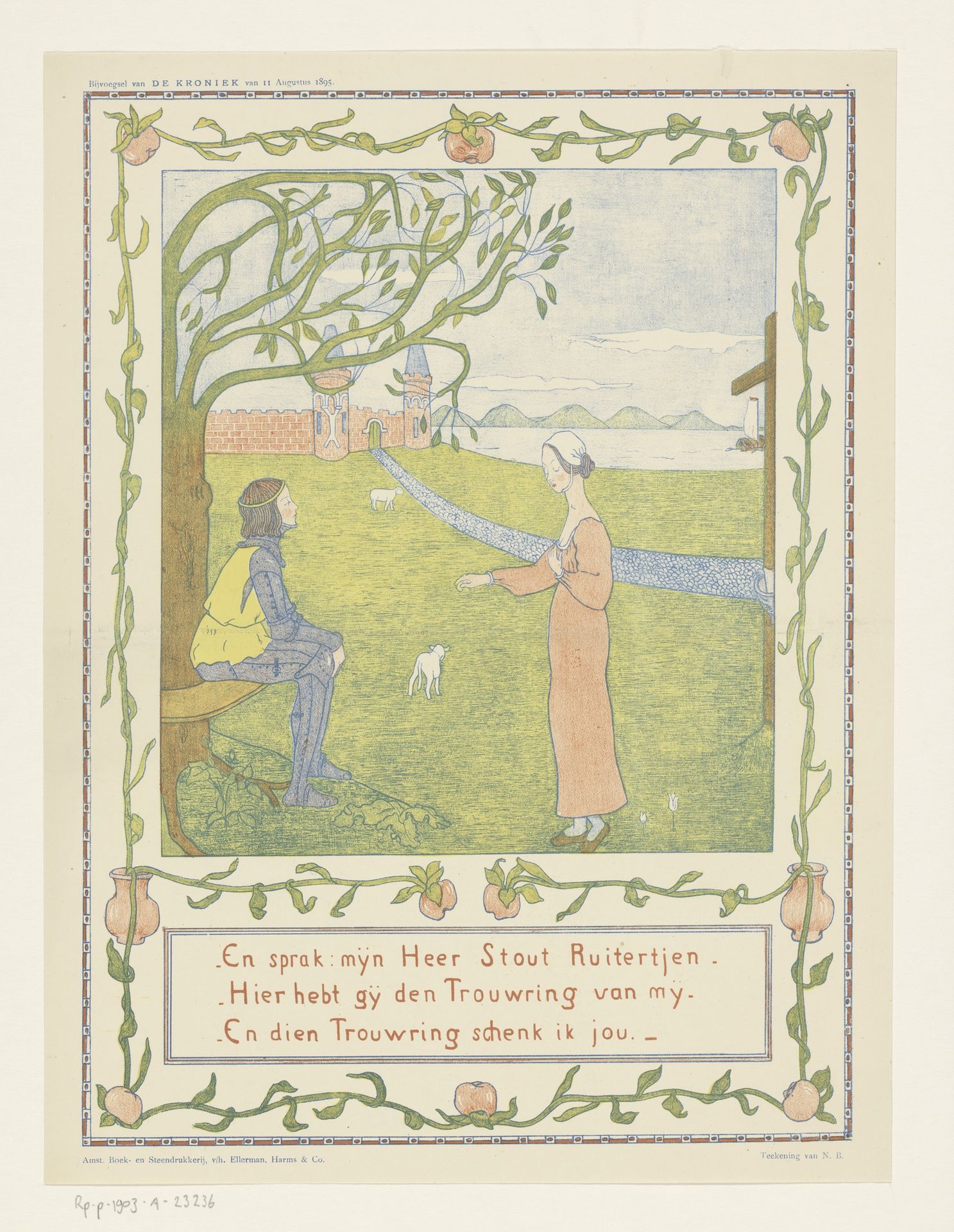 Vrouw en geharnast man in een weide met lammeren by Nelly Bodenheim
