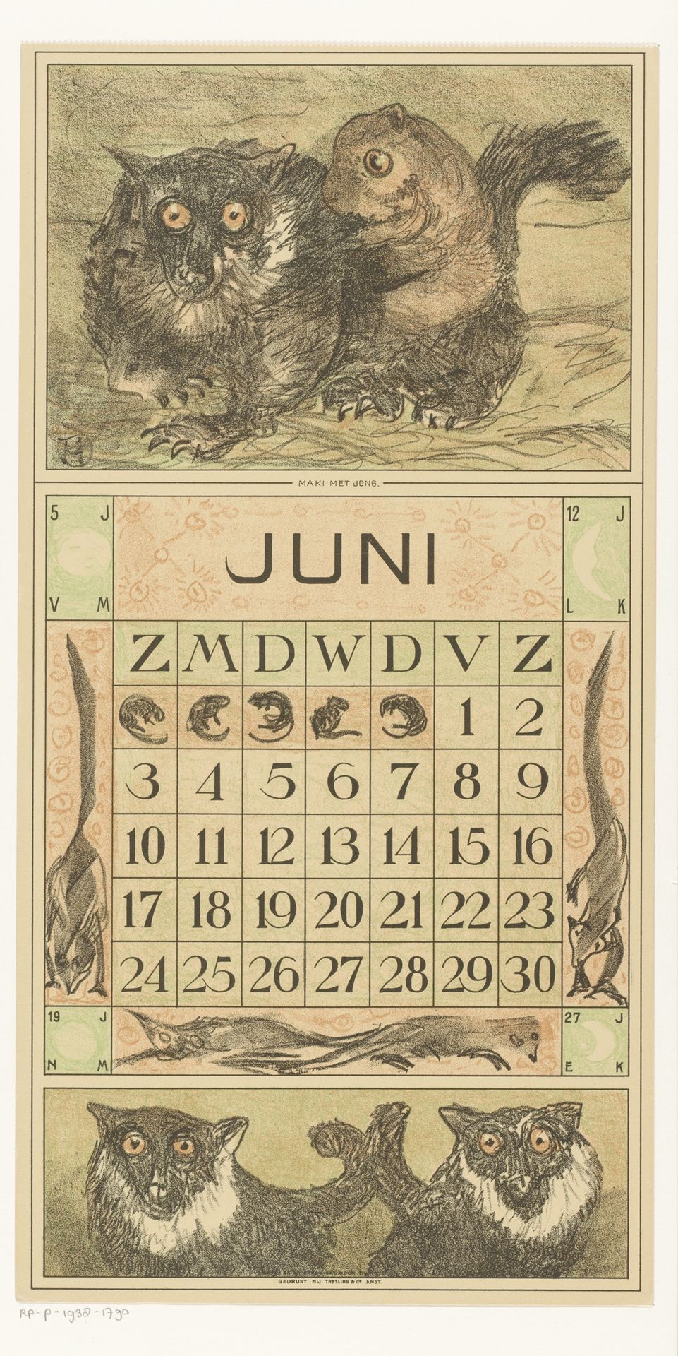 Kalenderblad juni met maki's by Theo van Hoytema
