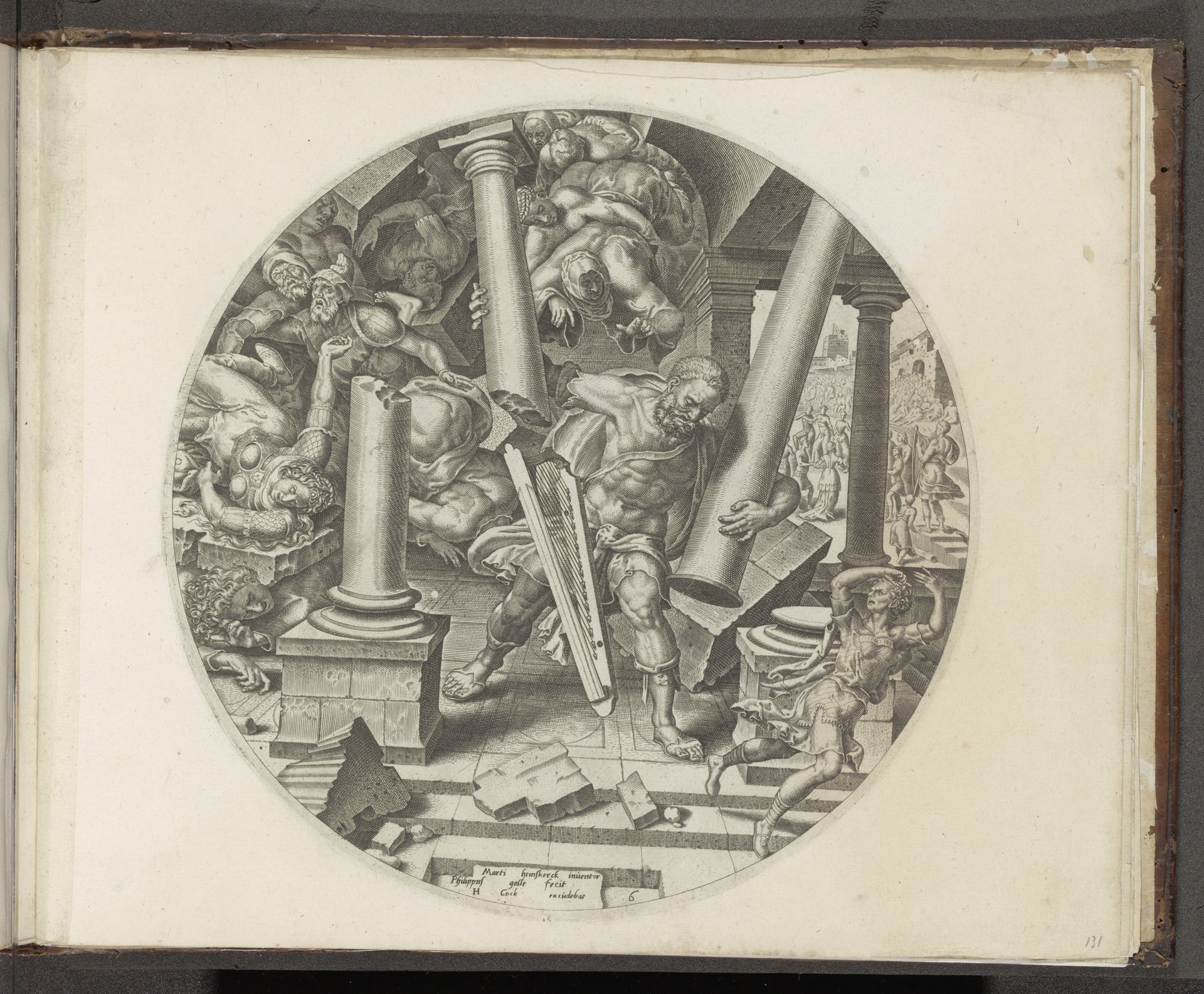 Simson verwoest de tempel van de Filistijnen by Philips Galle