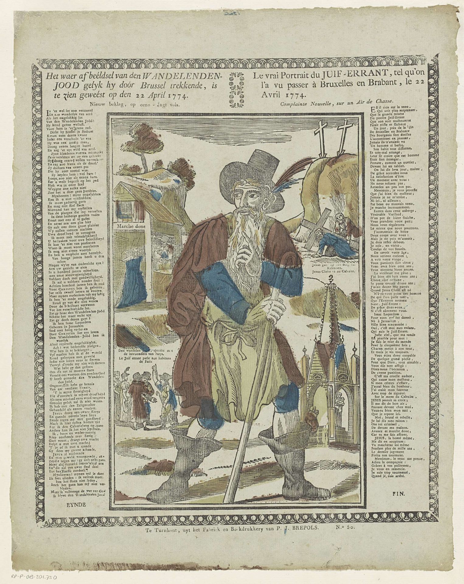 Het waer afbeéldsel van den wandelenden- / jood gelyk hy doór brussel trekkende, is / te zien geweést op den 22 april 1774. / Le vrai portrait du juif-errant, tel qu'on / l'a vu passer à Bruxelles en brabant, le 22 / Avril 1774 by Philippus Jacobus Brepols