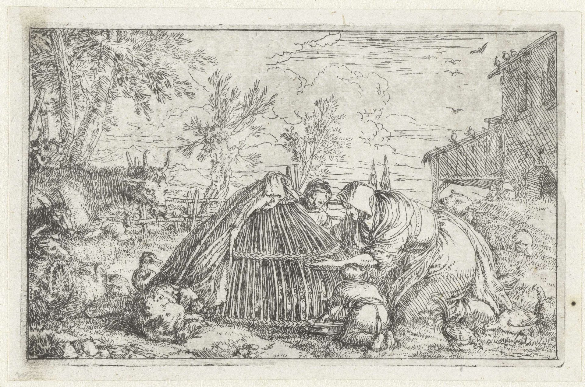 Boerin en twee kinderen voeren de kippen by Jonas Umbach