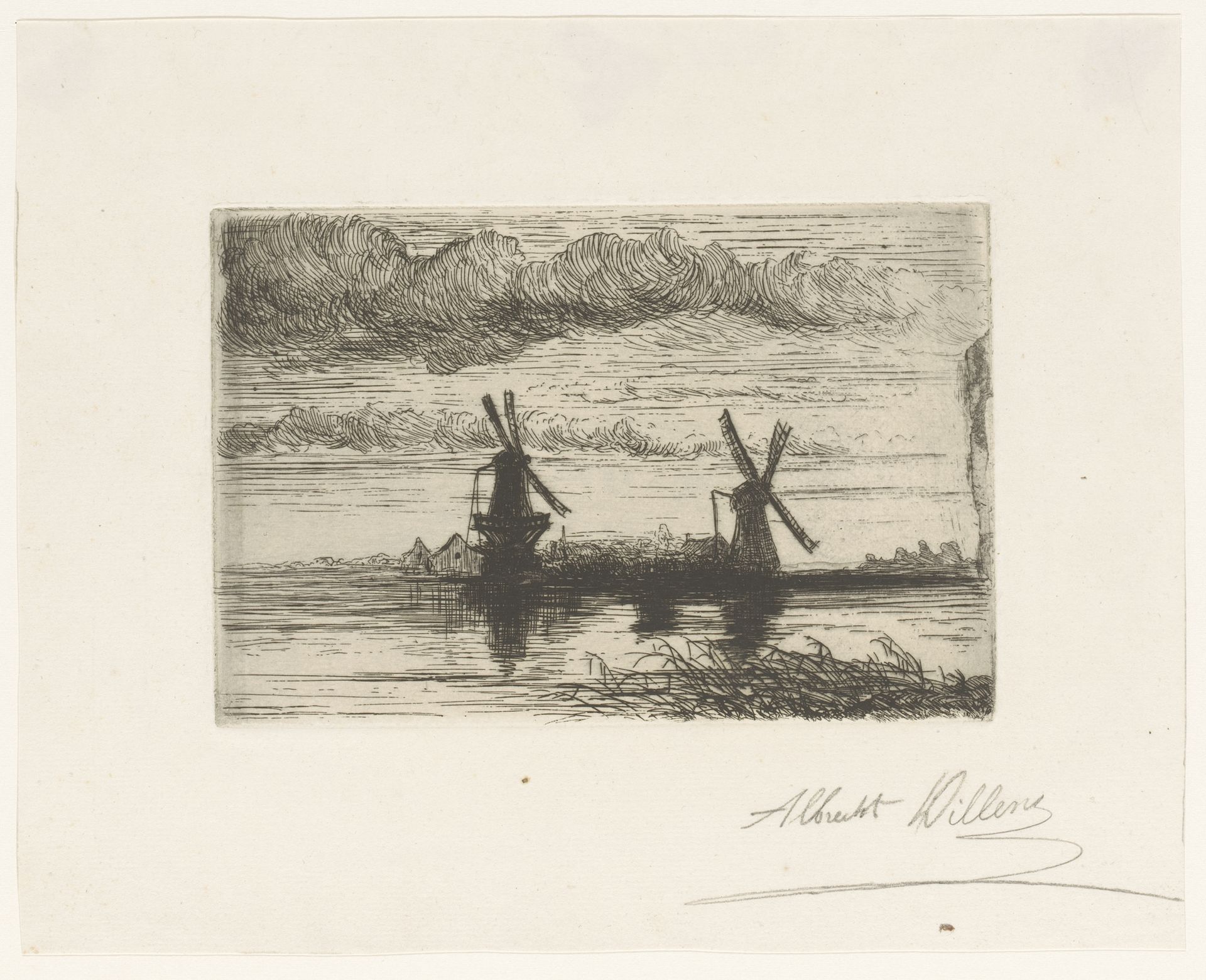 Twee molens aan een waterplas by Albert Dillens