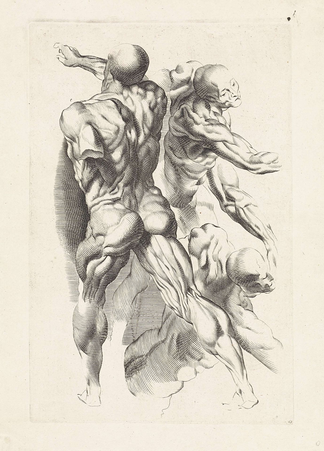 Anatomische studie van drie figuren met gestrekte armen by Paulus Pontius