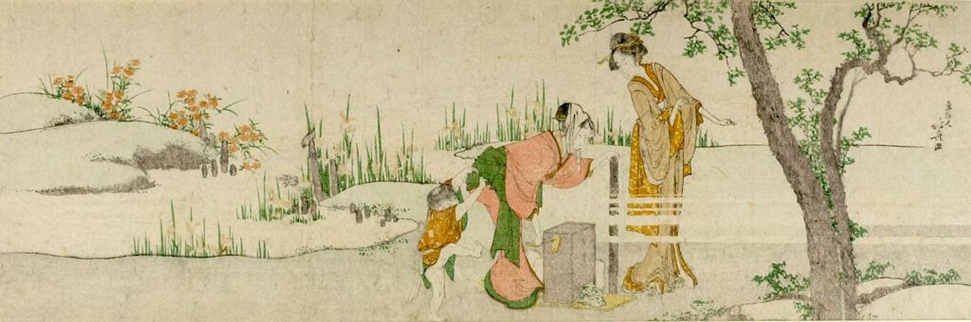Two Women Spooling Silk Accompanied by Child by Katsushika Hokusai