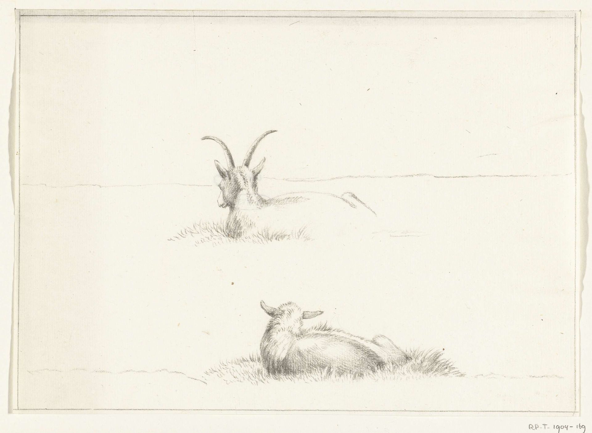 Schetsen van een liggende geit en een schaap, van achteren by Jean Bernard