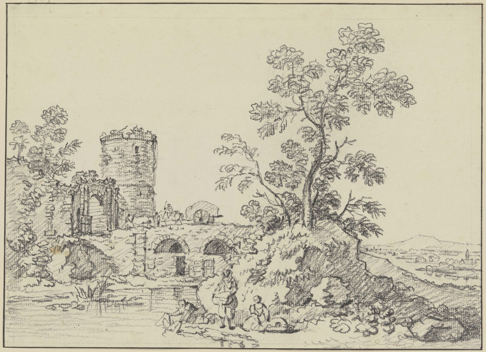 Runder Turm und Ruinen bei einer Brücke, im Vordergrund drei Wäscherinnen by Friedrich Wilhelm Hirt