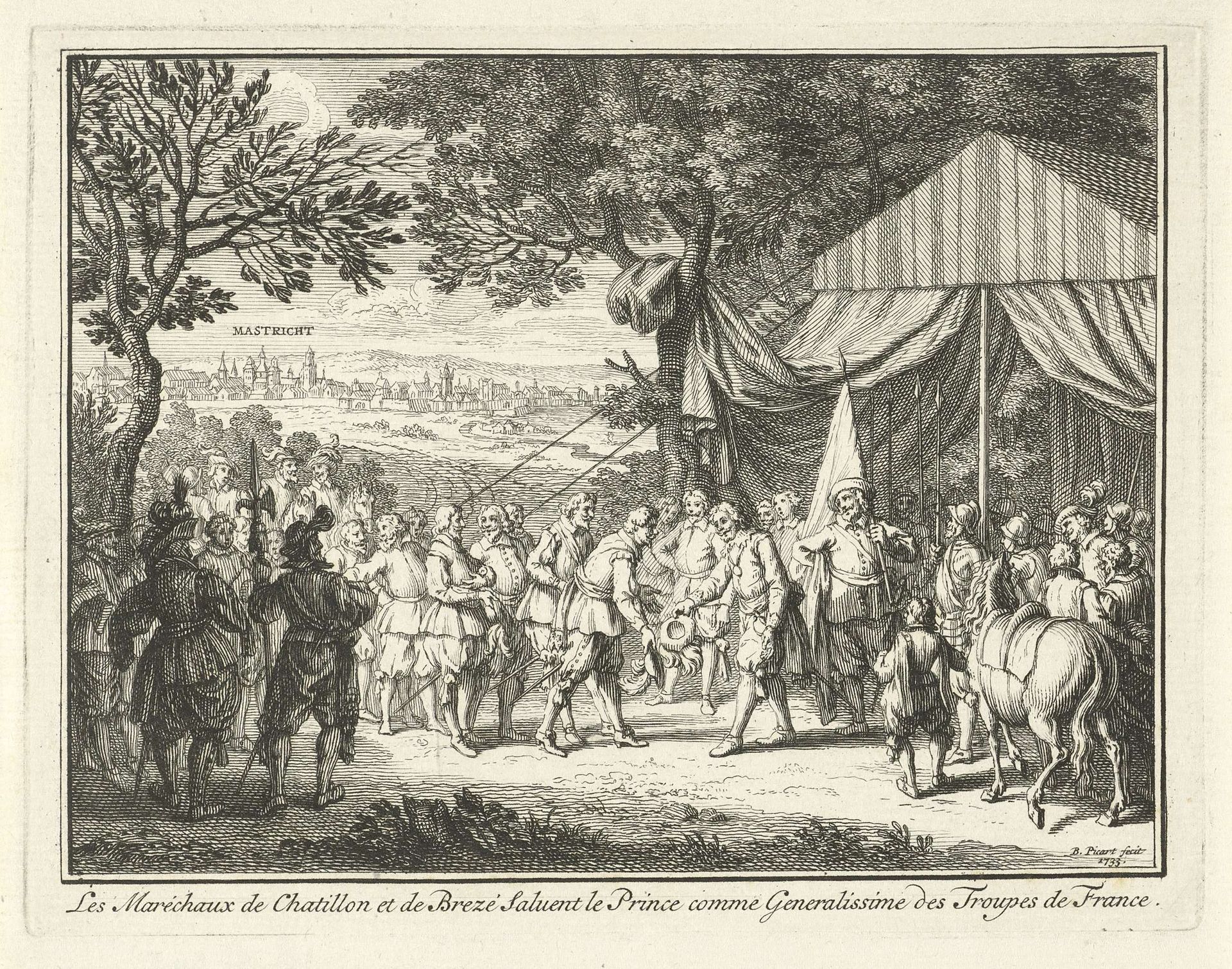 De veldmaarschalken de Chatellon en de Brezé begroeten prins Frederik Hendrik, 1632 by Bernard Picart